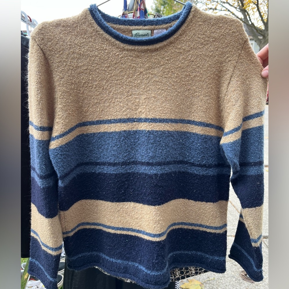 Women's Tan and Navy Striped Crewneck Sweater